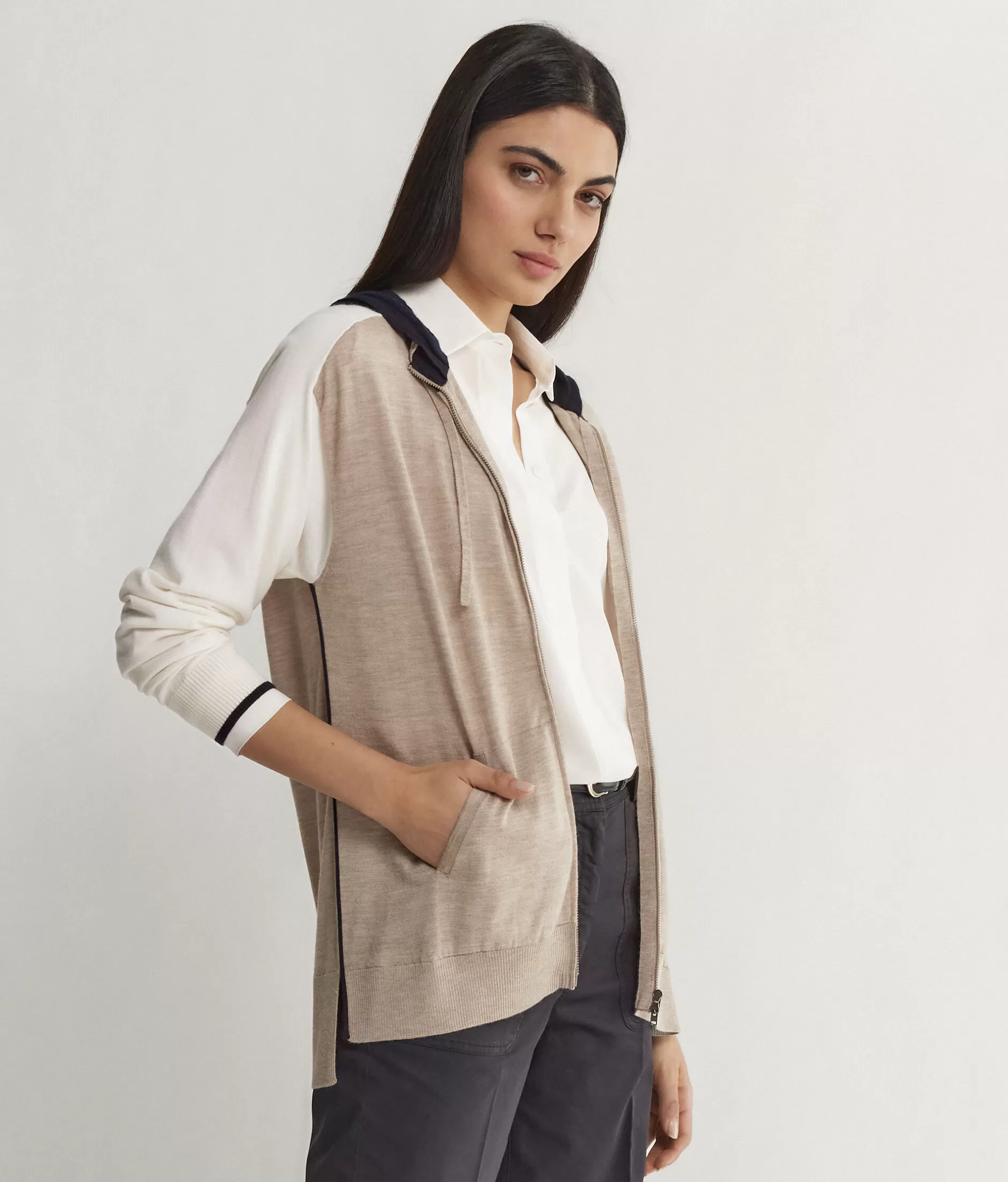 New Falconeri Color Block Cashmere Zip-Up Sweatshirt natural -8983 - oat melange