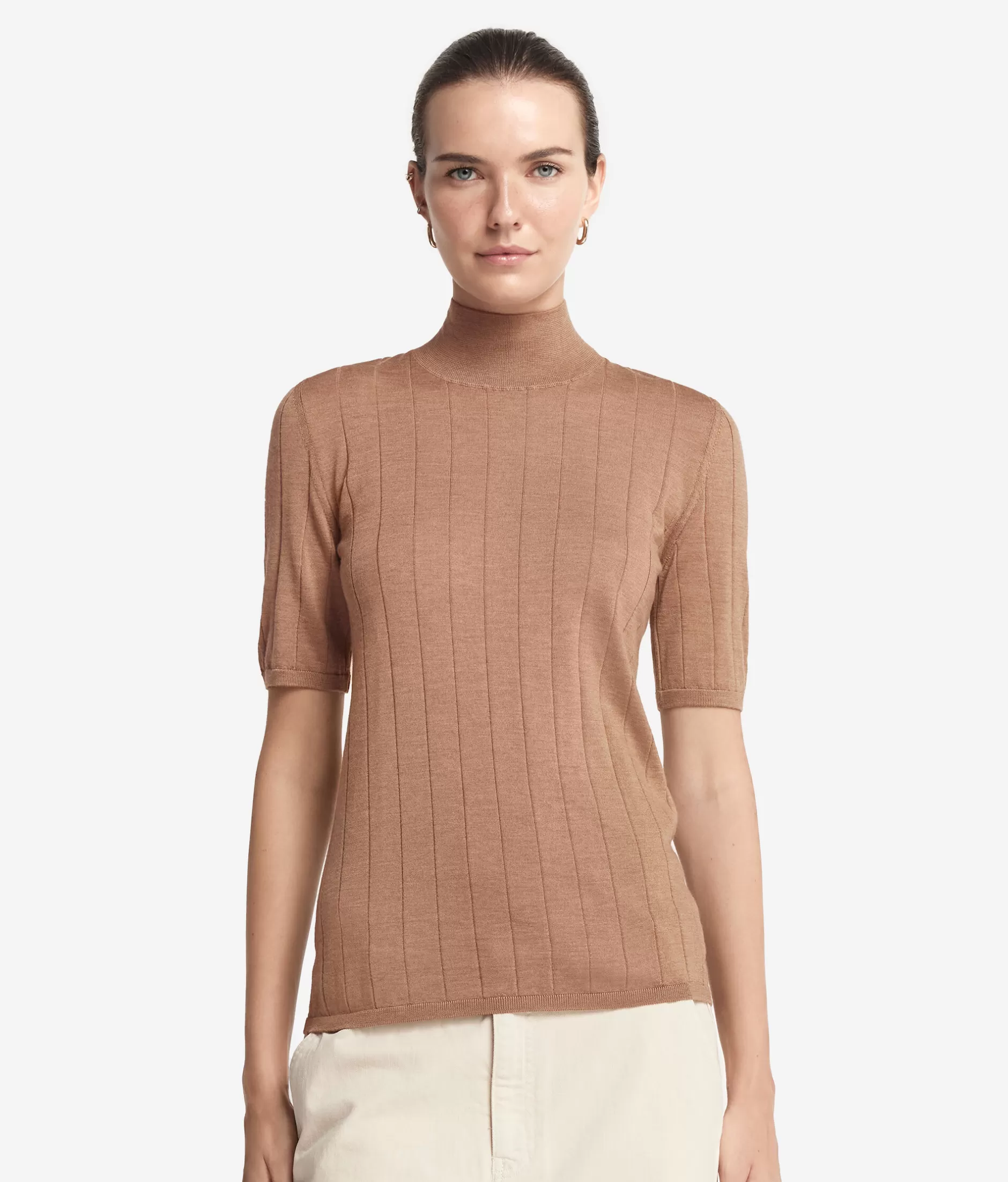 New Falconeri Ultrafine Cashmere Broad Ribbed Short-Sleeved Mock Sweater. natural -8685 - rum