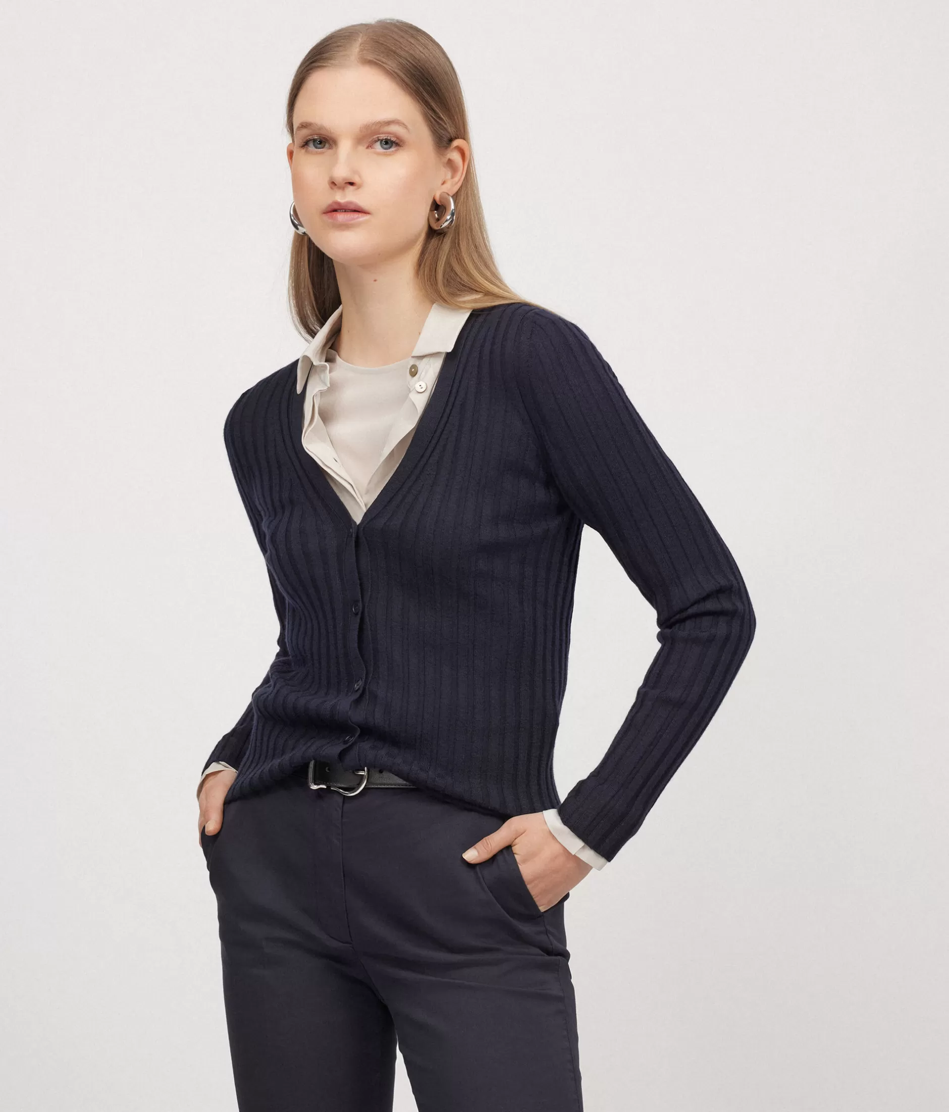 Discount Falconeri Ultrafine Cashmere Ribbed Cardigan blue -9400 - navy blue