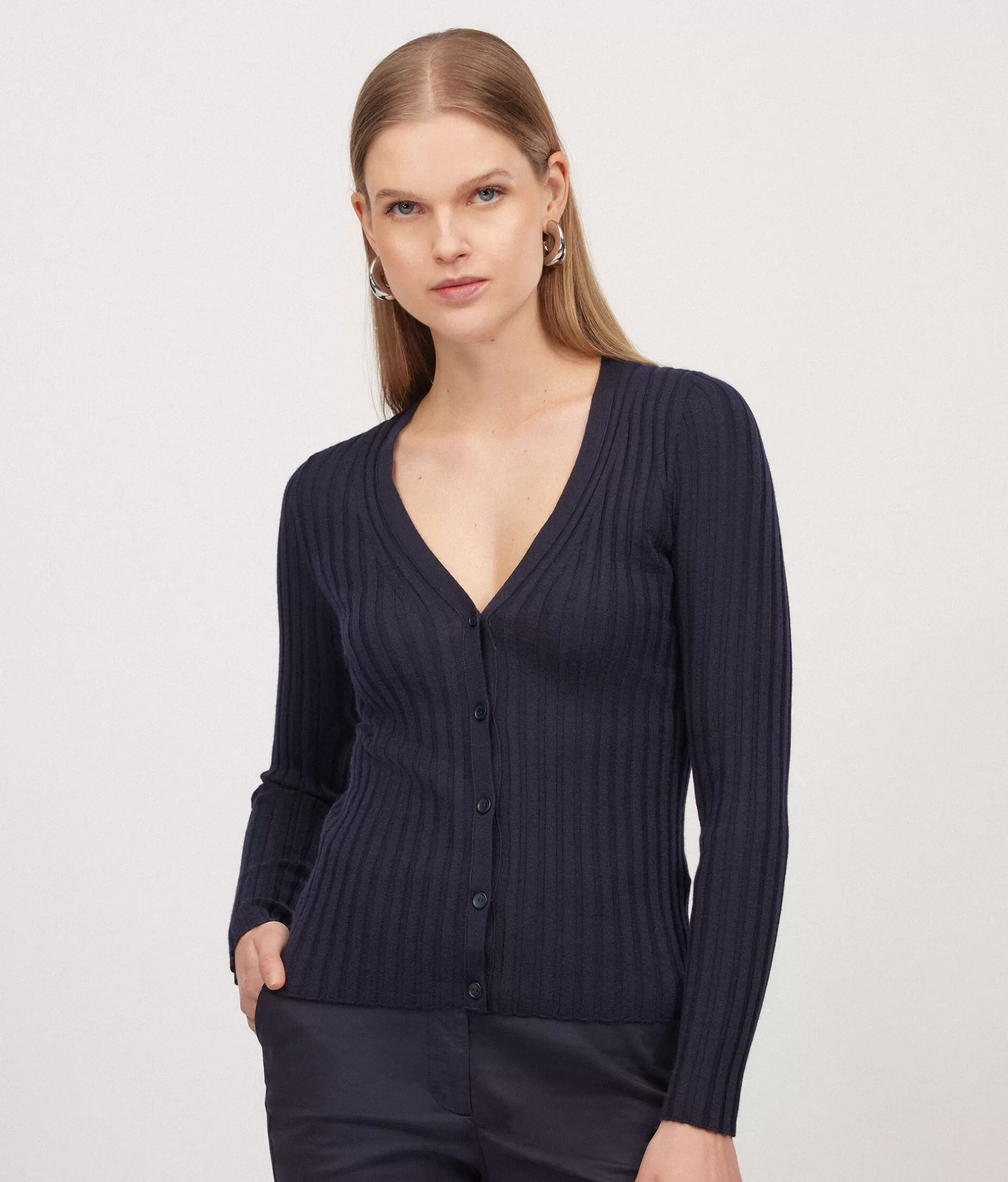 Discount Falconeri Ultrafine Cashmere Ribbed Cardigan blue -9400 - navy blue