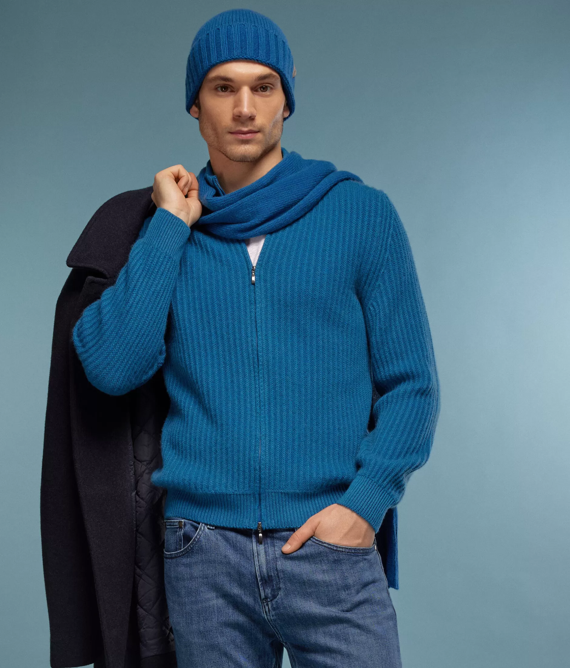 Store Falconeri Ultrasoft Cashmere Ribbed Cardigan blue -8947 - garment-dyed gentian