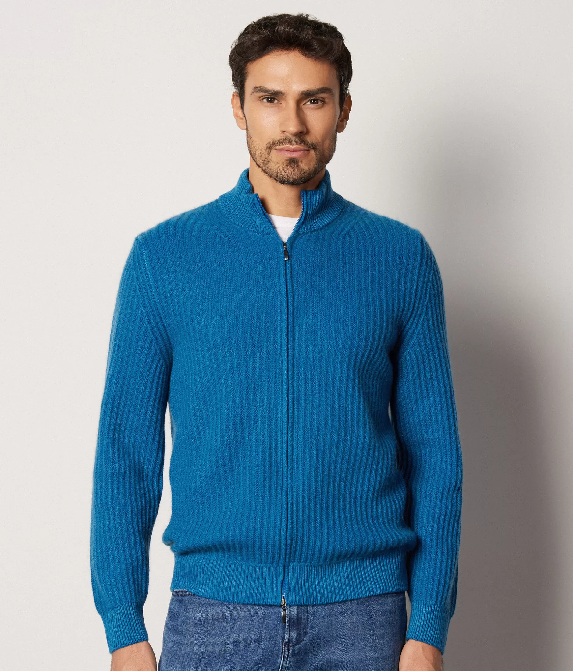 Store Falconeri Ultrasoft Cashmere Ribbed Cardigan blue -8947 - garment-dyed gentian